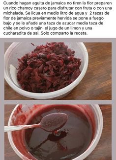 an image of red food in a bowl with spoons next to it and the recipe below