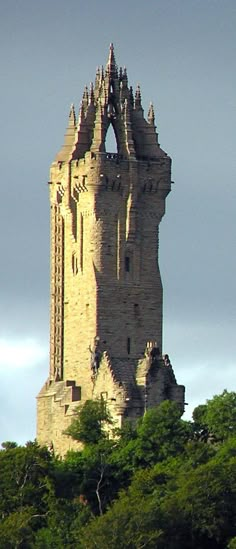 an old stone tower sitting on top of a lush green forest