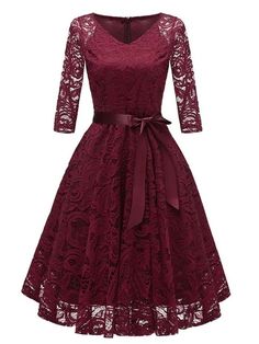 2022 New Elegant Lace Evening Party Dress Women V-Neck 3/4 Vestidos Retro, Three Quarter Sleeve Dresses, Robes Vintage, Wedding Dress Belt, Valentines Day Dresses, Lace Party Dresses, Womens Prom Dresses, Red Dress Women, Party Kleidung