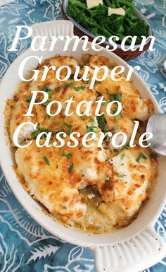 a casserole dish with parmesan cheese and green vegetables in the background