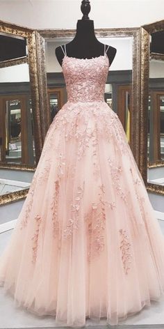 Lace Appliques Pink A LineTulle Long Prom Dresses With Straps Formal Dress Graduation, Prom Dress A Line, Dress Graduation, A Line Evening Dress, Lace Prom Dress, School Party, Party Gown, Dress Formal, Formal Dress