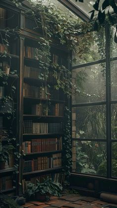 an old library with lots of books and plants growing on the walls, in front of a large window