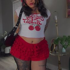 Hand Made My Me Mariemadeit__ Model Is Wearing A Large Strawberry Crochet Projects, Crochet Clothes Plus Size, Crochet Bloomers, Red Shorts Outfit, Goth Crochet, Bloomers Outfit, Whimsical Crochet, Crochet Sets, Boho Whimsical