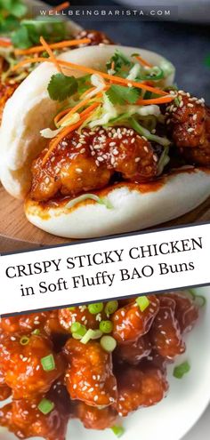 crispy sticky chicken in soft fluffy bao buns on a white plate with text overlay