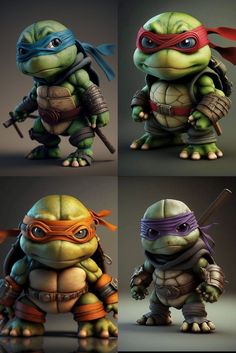 four different pictures of teenage mutant turtles in various poses, with their heads tilted to the side