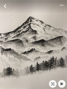 a drawing of a mountain with trees in the foreground