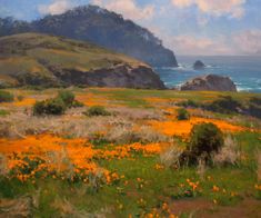 an oil painting of wildflowers and cliffs by the ocean