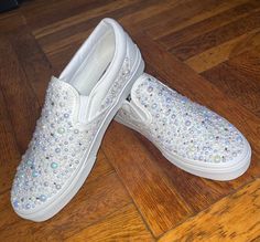 Wedding Shoes. Slip on vans for wedding ceremony and dancing shoes for reception. Color of pearls and crystals is customizable. Writing on back of shoe is customizable. Customise Shoes, Wedding Tennis Shoes, Wedding Vans, Slip On Vans, Women's Slip Ons, Dancing Shoes, Custom Shoes, Wedding Nails, Vans Classic Slip On Sneaker