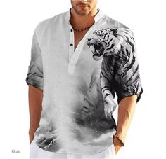 Oversized Shirt Men, Wolf Graphic, Mens Printed Shirts, Graduation Outfits, Tiger Shirt, Wolf Shirt, Linen Fashion, Autumn Casual, Summer Concert