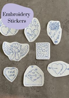 embroidery stickers with hearts and angel on them