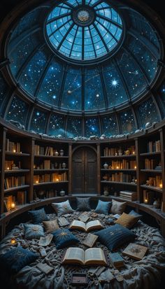 a round room with books on the floor and a skylight in the ceiling above it