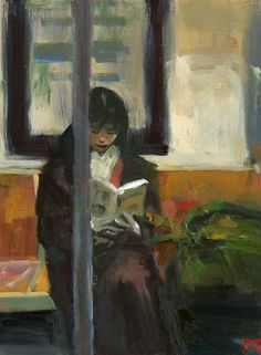 a painting of a woman sitting on a bus reading a book