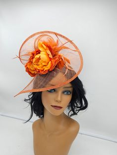 "Beautiful orange saucer Kentucky derby style Fascinator on a confidence comfortable 2\"wide headband, adorn with flowers and feathers. It's slightly curved around the brim.   - Ready to ship  - Lightweight - Free Shipping - Fast shipping - Customize by adding different color flowers and or feathers Check my store for styles and colors.  Hatsandpearls.etsy.com Find more at my website: Www.hatsandpearls.com  Reach out to me if you can't find what you are looking for.  I can make cake custom orders and help you style and match your outfit  Tag and share your pictures when you wear and style our hats.  Instagram: @hats_pearls Facebook: Hats Pearls Thank you for visiting and happy shopping!" Orange Mini Hat For Kentucky Derby Races, Elegant Orange Summer Headpiece, Orange Fascinator For Kentucky Derby Races, Orange Headpiece For Kentucky Derby Races, Orange Headpieces For Kentucky Derby Races, Orange Evening Hats For Spring, Orange Mini Hat For Kentucky Derby, Elegant Orange Headpiece For Spring, Fitted Orange Hat With Short Brim