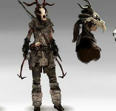 three different poses of an animal man with antlers on his head and two other animals behind him