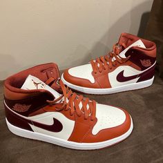 Nike Air Jordan 1 Mid Dusty Peach / Night Maroon / Sail / White Size 11.5 Women Brand New With Box No Lid. Size 11.5w/ 10m Peach Air Jordan 1, Jordan 1 Mid Pomegranate, Barely Orange Jordan, Air Jordan Mid Shadow Red, Mid-top Leather Jordan Shoes With Red Sole, Jordan 1 Outfit, Dusty Peach, Nike Air Jordan 1 Mid, Nike Air Jordan 1