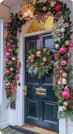 christmas wreaths on the front door of a house decorated with pink and gold ornaments