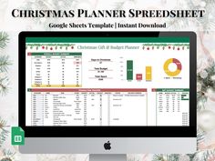 the christmas planner spreadsheet is displayed on a computer screen with ornaments around it