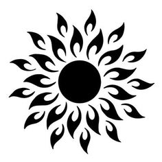 a black and white sun with flames on it