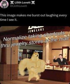 a man standing in front of a jewelry store with a fake dog on the counter