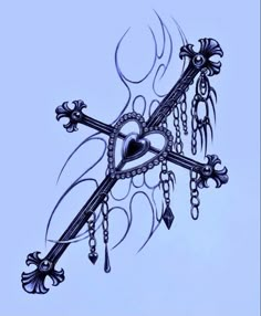 a drawing of a cross with chains hanging from it's sides and a heart in the middle