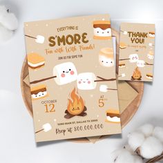 two thank you cards with marshmallows and toasted marshmallows