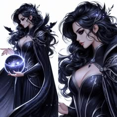 an illustration of a woman holding a crystal ball in one hand and wearing a black dress