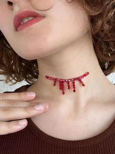 if you want to extend the blood portions longer, you can specify. Cheap Red Beaded Choker Necklace, Blood Bead Necklace, Blood Necklace, Assembly Ideas, Red Choker Necklace, Vampire Necklace, Red Choker, Group Study, Red Crystals