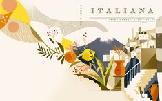 an artistic illustration of the italian countryside with flowers and plants in vases on stairs