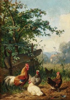 a painting of chickens and roosters in a field