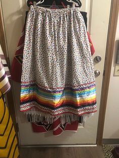 Traditionally made multi colored  star cotton Ribbon skirt with fire color and water color satin ribbons.  Width is 64", waist is 30", length is 34". Blessings Native American Ribbon Work, Native American Dress, Jingle Dress, Ribbon Skirt, Native Dress, Native American Clothing, Ribbon Skirts, Adult Bibs, Ribbon Dress