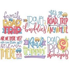 the words are drawn in different colors and font styles, including one that says family road trip