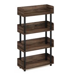 three tiered shelving unit with dark wood finish and metal legs, on an isolated white background