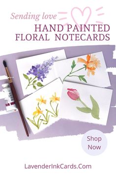 the lavender love hand painted floral notecards are on sale for $ 3 99 each