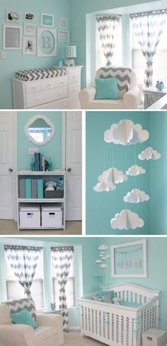 the baby's room is decorated in blue and white colors with clouds hanging from the ceiling