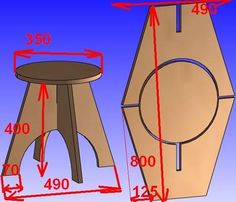 an image of a stool and table with measurements for the top, side, and bottom