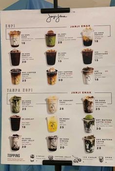 a sign with different types of drinks on it