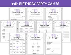 printable birthday party games for girls with purple and white numbers on the front, one in