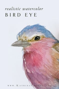 a watercolor bird sitting on top of a piece of paper with the words realistic watercolor bird eye