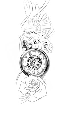 a black and white drawing of a bird with a clock