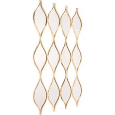 the gold and white wall hanging is made out of metal, with wavy lines on each side