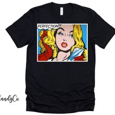 Comic Pop Art Women Perfection Full Tilt Shirt Bk Black Retro T-shirt With Graffiti Print, Trendy Black Shirt With Character Print, Black Pop Culture Shirt With Screen Print, Black Pop Culture Screen Print Shirt, Black Retro T-shirt With Funny Print, Maternity Scrub Top, Sugar Skull Shirt, Comic Boom, Comic Pop Art