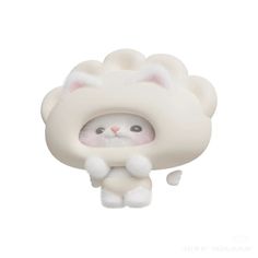 a white toy with a cat on it's head and eyes in the shape of a cloud