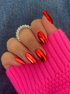 Red  Collar   Plain Bare Nails Embellished   Beauty Tools Red Chrome Nails Acrylic, Square Red Chrome Nails, Full Red Nails, Red Chrome Nails Square, Bright Red Chrome Nails, Red Nails Trendy, Red Chrome Nails Designs, December Nail Colors, Chrome Red Nails