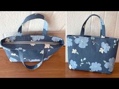 two pictures of the same handbag, one with blue flowers on it