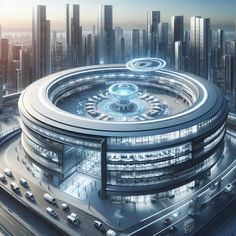 an aerial view of a futuristic building in the middle of a city with cars driving around it