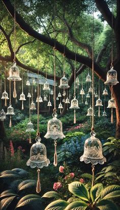 a bunch of glass bells hanging from a tree