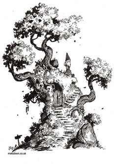 an ink drawing of a tree house on top of a hill with stairs leading up to it