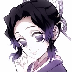 an anime character with black hair and purple eyes wearing a tiara, holding her hand to her face