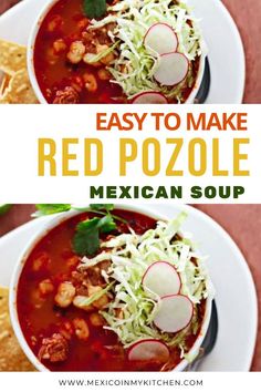 two bowls filled with red pozole and topped with shredded cabbage