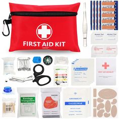 the first aid kit is packed with medical supplies